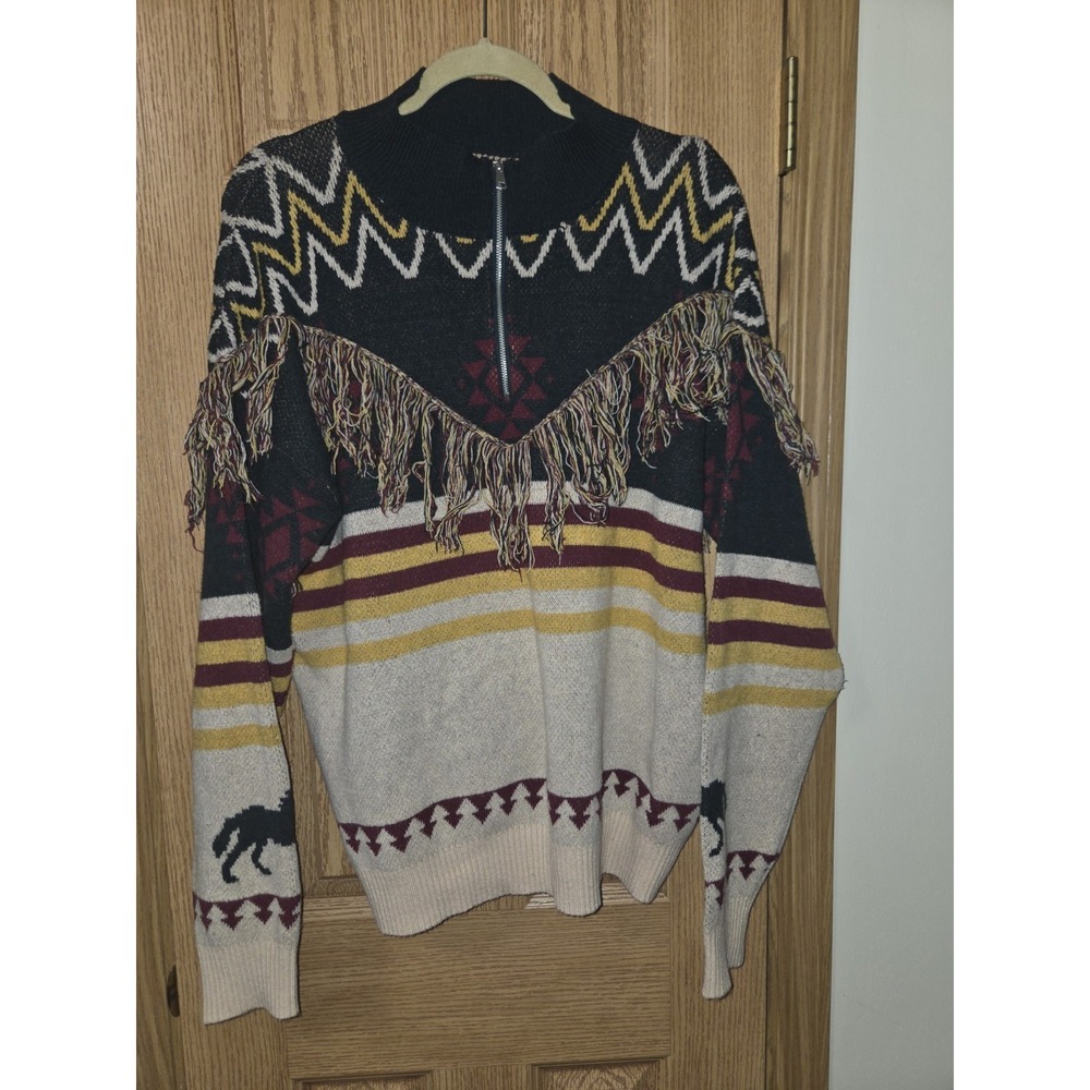 Buckle Sterling & Stitch Fringed Southwestern Stripe Pullover Sweater Size L